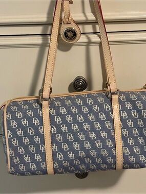 Authentic Dooney & Bourke Blue Monogram Barrel Satchel with Cream Trim